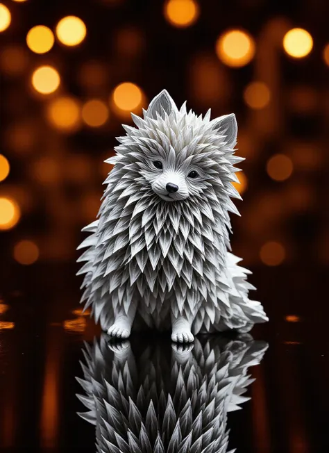 Photograph of a Pomeranian made with very detailed silver paper origami, with a multitude of fire reflections and a background that contrasts with the origami, which is very detailed