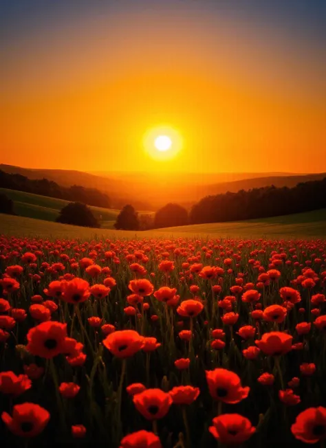 A horizon view with a symmetrical composition showcasing a vivid sunset, balanced proportions of the vibrant sky and lush field. The primary focus is the sun, a fiery orb casting golden rays over bright red poppies swaying gently in the foreground. Gentle, rolling hills dotted with dark silhouettes of trees form the background, while the clear gradient sky transitions to soft clouds. Realistic photography captures the warm oranges, deep reds, and soft greens, creating an atmospheric glow that enhances the tranquil, picturesque scene