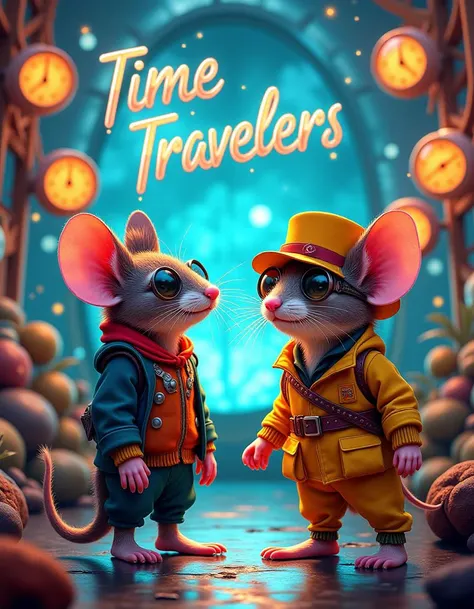 Text : "Time Travelers" in playful font above a whimsical scene, one mouse in a sleek futuristic outfit while another dons charming vintage attire. A retro futuristic background fills the space with whirling clocks and sparkling time portals, creating a unique ambiance. A wide angle digital illustration showcasing vibrant lighting that enhances the dynamic colors and nostalgic accessories. Bright, colorful costumes and stylized gadgets add to the lively atmosphere