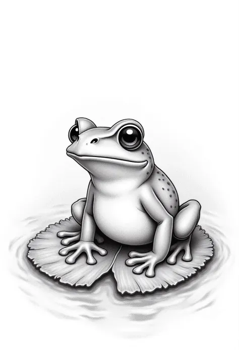 Pencil Sketch Drawing, a bullfrog sitting on a lily_pad, , black and white drawing, graphite drawing