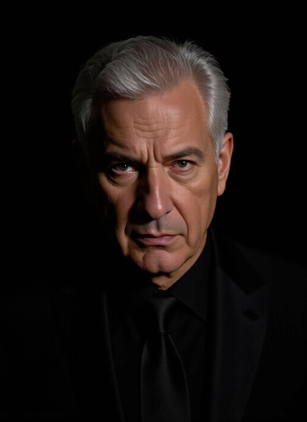 A close-up camera angle focused on a stern, middle-aged man with silver hair and a serious expression, creating a centered and symmetrical composition. His intense gaze and furrowed brow capture the essence of seriousness, while the deep shadows highlight the textures of his skin. His well-tailored black attire adds to the formal style, contrasting sharply against the stark black background, where dramatic chiaroscuro lighting enhances his prominent features with bold highlights and deep contrasts