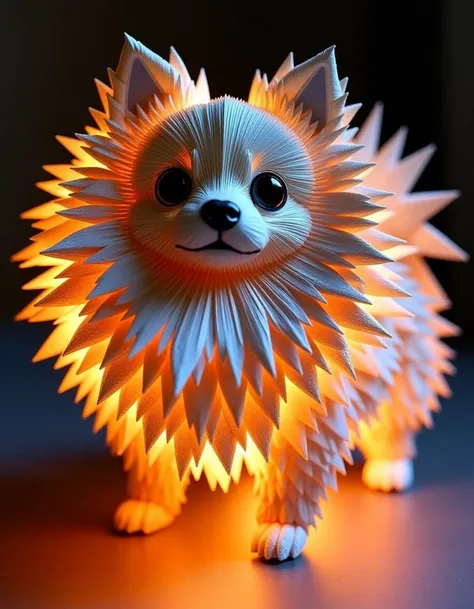 Photograph of a Pomeranian made with very detailed silver paper origami, with a multitude of fire reflections and a background that contrasts with the origami, which is very detailed