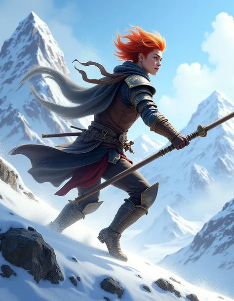 Text words that says "Warrior's Resolve" in bold lettering across the top, a young male fighter in a dynamic battle stance wearing leather and metal armor, fiery red hair billowing in the wind, wielding a long glaive with precision. Towering snow-covered mountains with sharp peaks rise dramatically in the background, flurries of snow swirling around him in a bitter cold atmosphere. A wide angle digital illustration with bright, crisp daylight, glimmering details enhancing the dramatic contrasts in the scene