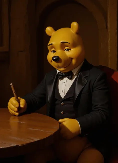 Winnie the Pooh in a well-fitted tuxedo, seated at a rustic table. A serious expression is captured on his face as he gently holds a cigar, amidst cavern walls that exhibit rich textures. Dimly lit surroundings enhance the ambiance with subtle ambient light illuminating rich earthy tones and creating detailed shadows around him. A wide angle oil painting with a balanced composition showcasing the warmth of the scene