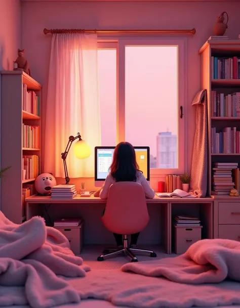 cute lofi woman seated at her computer in a cozy room. A messy desk surrounded by soft blankets and stacked books, creating an inviting atmosphere. A wide-angle Unreal Engine 5 render with detailed textures, emphasizing pastel pink hues and warm ambient lighting. An ethereal glow enhances the scene, showcasing a balanced composition that invites viewers in