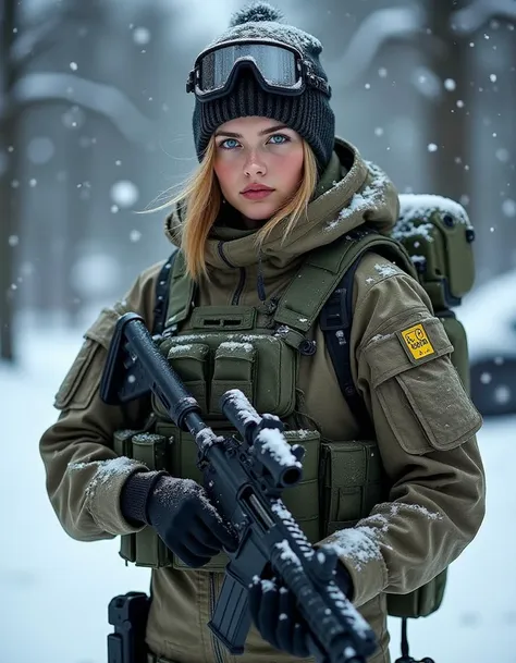 muscular soldier girl in winter camo standing confidently, blue eyes glistening against the cold backdrop. Flurries of snow swirl around her as she dons a camouflage plate carrier rig and combat gloves. The environment features thick snowflakes cascading in the bright daylight, capturing a realistic scene in high detail. Captured with a Fujifilm XT3, 35mm f/1.4 lens, featuring realistic depth of field and moody lighting