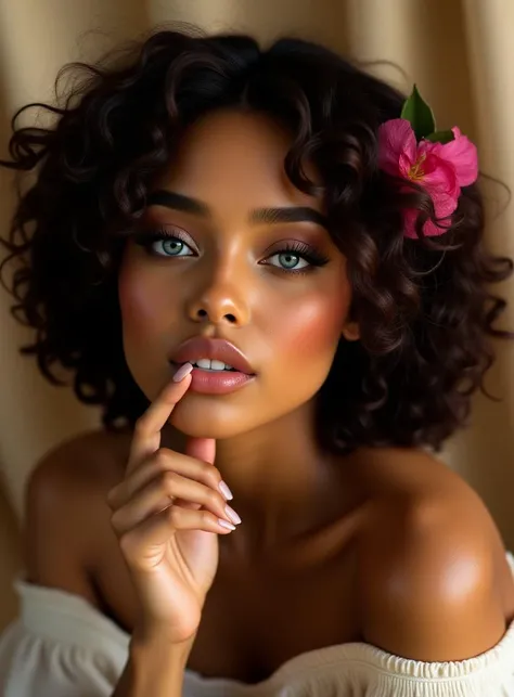 The image is a high-resolution highly detailed award - winning photograph photo of a young Black woman. She has striking, large blue eyes that dominate her face, framed by thick, dark eyelashes and subtle makeup. Her lips are full and glossy, with a hint of a smile that adds a playful touch to her expression. She has a slightly raised index finger to her lips, which gives a touch of sensuality to the image. Her hair is voluminous, wavy, and a deep brown color, adorned with a small, pink flower on the left side, lonely.
The background is a soft, beige fabric. The lighting is soft and even, highlighting her features and creating a warm atmosphere.
(3/4 profile:1.3), (upper body:1.5), Captured with a Canon RF 85 mm f/1.2L USM Canon EOS R3 F/1.2, focal length:85, ISO:100, shutter speed:1/640, <lora:TEST_1:0.6>