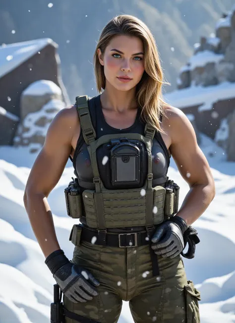 muscular soldier girl in winter camo standing confidently, blue eyes glistening against the cold backdrop. Flurries of snow swirl around her as she dons a camouflage plate carrier rig and combat gloves. The environment features thick snowflakes cascading in the bright daylight, capturing a realistic scene in high detail. Captured with a Fujifilm XT3, 35mm f/1.4 lens, featuring realistic depth of field and moody lighting