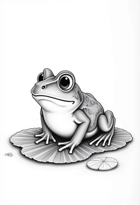 Pencil Sketch Drawing, a bullfrog sitting on a lily_pad, , black and white drawing, graphite drawing