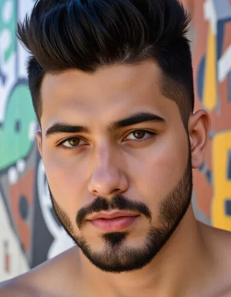 A close-up portrait of a young man with a serious expression, exuding an air of strength like Vegeta. His dark hair styled in sharp, spiky mohawk fashion, with a beard and mustache. A graffiti-covered wall with vibrant colors serves as a backdrop, hinting at urban life. Captured with a Canon EOS R6, 50mm f/1.8 lens, bright, clear daylight enhancing the intensity of the scene