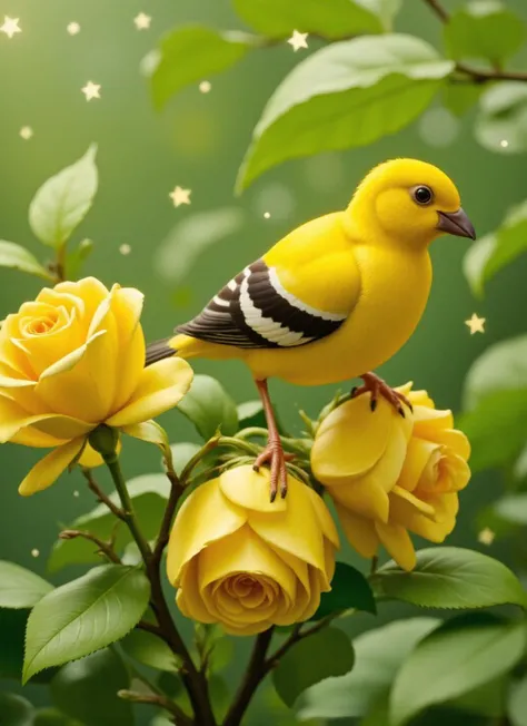 The image is a photorealistic photograph of a yellow bird perched on a branch with two yellow roses. The bird is facing towards the right side of the image and appears to be looking towards the left side. The branch is covered in green leaves and the background is blurred, making the bird and the roses the focal point of the illustration. There are small white stars scattered around the image, giving it a magical and whimsical feel