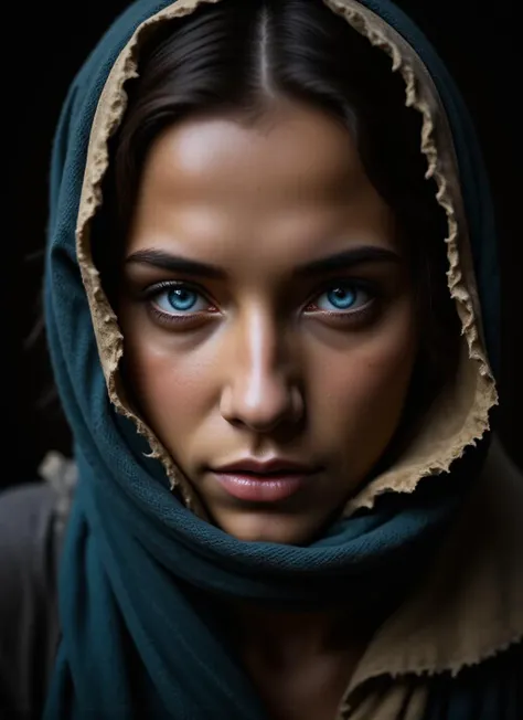 Close-up shot, centered subject with symmetrical composition, highlighting intense blue eyes peering from under a textured, frayed scarf, capturing an evocative, emotional gaze. The image emulates a high-contrast photographic style, emphasizing realism; the primary focus is on the striking eyes, surrounded by a weathered, freckled face showing resilience and depth. Secondary focus on the layered fabric, subtly revealing hints of the headwear's soft, muted beige tones. The background fades into a blurred darkness, enhancing the subject's prominence. Harsh lighting accentuates facial features, casting shadows, creating a dramatic, tense atmosphere. Overall, cool hues dominate, with piercing blue and earthy browns merging thoughtfully.