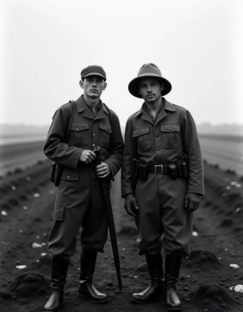 Medium format black and white photography, (Sad soldiers standing together:1.3), Symmetrical composition, Worn uniforms, Heavy expressions, (Hunched shoulders:1.2), Muddy ground, Desolate battlefield, (Overcast skies:1.3), Captured with a Leica M6, 50mm f/1.4 lens, High contrast, Gritty texture, Stark emotions, Evocative silence