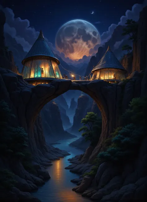 Text: "Futuristic Haven" prominently above a breathtaking landscape. Two conical-roofed houses made of glass and metal sit atop rocky outcrops, exuding warm light and subtle smoke. A low, wide-angle perspective captures the harmonious arrangement and balanced composition, with intricate detailing in vibrant colors. Below, a winding river glistens under the moonlight, reflecting soft blues and greens in gentle ripples. Surrounding rugged cliffs are adorned with lush foliage, while a starry sky leads to an oversized moon casting ethereal light, enhancing the serene atmosphere