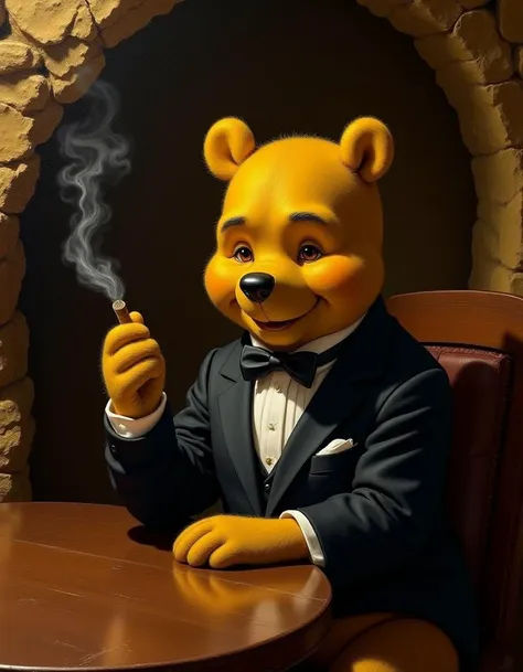 Winnie the Pooh in a well-fitted tuxedo, seated at a rustic table. A serious expression is captured on his face as he gently holds a cigar, amidst cavern walls that exhibit rich textures. Dimly lit surroundings enhance the ambiance with subtle ambient light illuminating rich earthy tones and creating detailed shadows around him. A wide angle oil painting with a balanced composition showcasing the warmth of the scene