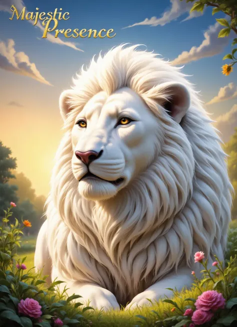 Text: "Majestic Presence" in elegant gold lettering at the top, a slightly elevated side angle digital art featuring a majestic white lion with expressive eyes and a flowing mane. Focused and harmonious composition highlights intricate strands of hair with softly blurred floral elements surrounding it. Vibrant pinks and greens intertwine with lush greenery and distant trees, against a serene twilight sky with a warm gold to soft blue gradient. Ethereal highlights create a tranquil ambiance throughout the scene