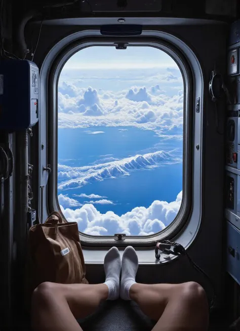 A captivating downward camera angle through a circular window, featuring Earth's clouds and blue oceans in a balanced composition with a single foot in white socks appearing relaxed against the vibrant planet below. A brown bag rests nearby, providing a personal touch to the scene. Technical apparatus and controls frame the environment, while soft, natural light filters in, creating a serene atmosphere with subtle reflections <lora:Milo_Manara_FLux_Stlye_Second_Try-000001:1>