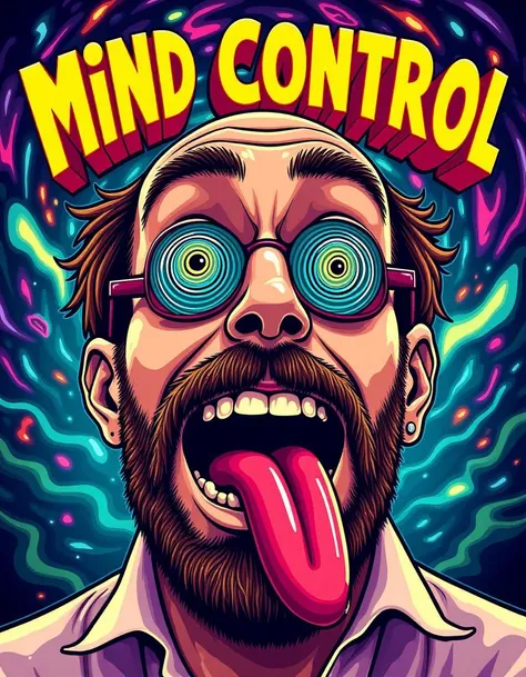 Text: "Mind Control" in bold, vibrant lettering at the top, a hypnotized man with large cartoon spiral eyes, his tongue sticking out and saliva dripping. The background features a swirling, colorful vortex adding to the surreal effect. Captured with a Canon EOS 5D Mark IV, 50mm f/1.8 lens, bright colors and high contrast enhance the cartoonish style