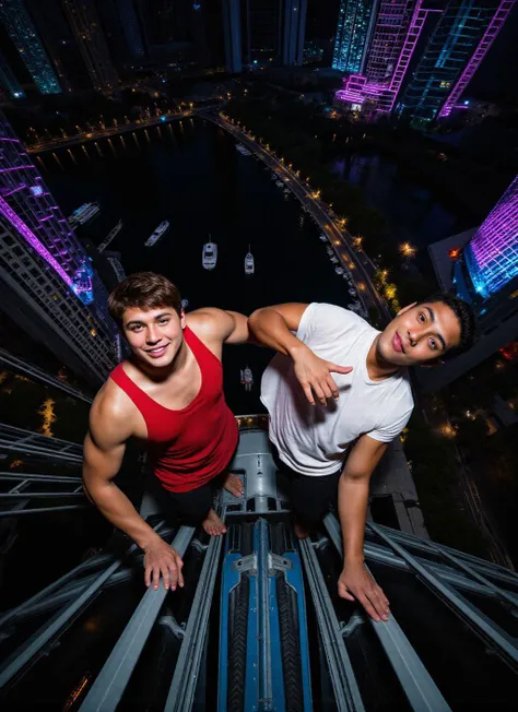 A dynamic bird's-eye view captures a symmetrical layout with two young men, one in a red tank top and the other in a white shirt, atop a skyscraper, showcasing thrilling camaraderie. Below, the bustling marina teems with boats surrounded by sleek high-rise buildings, dynamic lines guiding the gaze outward. Richly hued urban lights and various textures of glass and concrete enhance the scene, illuminated by ambient city lights reflecting vibrantly across the landscape.