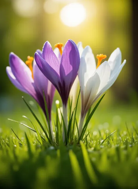 Low camera angle, focused on crocuses, balanced composition with three flowers, vibrant colors, impressionistic style reminiscent of macro photography, smooth texture complemented by droplet details, primary focus on one purple crocus with vibrant orange stamen, surrounded by two white crocuses, green blades of grass cradling flowers, secondary focus on glistening droplets, emphasizing freshness and delicacy, blurred soft background suggesting depth, warm sunlight filtering through, creating a serene atmosphere with gentle bokeh effect, emphasizing emerald greens and the richness of purple and white hues