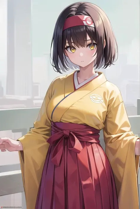 pokemonerika, <lora:pokemonerika-lora-nochekaiser:1>,
pokemonerika, (yellow eyes:1.5), black hair, headband, short hair,
BREAK japanese clothes, kimono, hakama, red hakama, long sleeves, wide sleeves,
BREAK looking at viewer, upper body, full body, (cowboy shot:1.5),
BREAK outdoors, shrine,
BREAK <lyco:GoodHands-beta2:1>, (masterpiece:1.2), best quality, high resolution, unity 8k wallpaper, (illustration:0.8), (beautiful detailed eyes:1.6), extremely detailed face, perfect lighting, extremely detailed CG, (perfect hands, perfect anatomy),