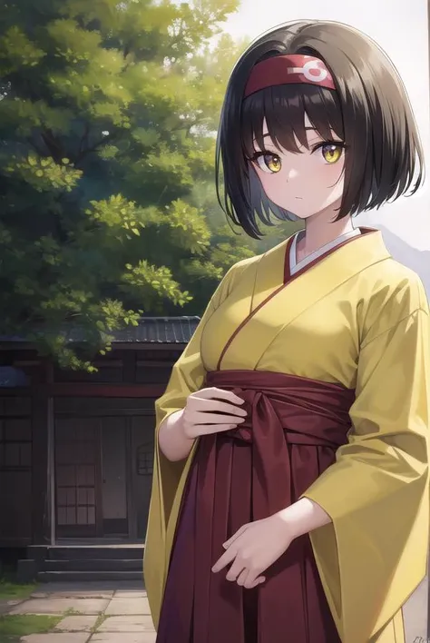 pokemonerika, <lora:pokemonerika-lora-nochekaiser:1>,
pokemonerika, (yellow eyes:1.5), black hair, headband, short hair,
BREAK japanese clothes, kimono, hakama, red hakama, long sleeves, wide sleeves,
BREAK looking at viewer, upper body, full body, (cowboy shot:1.5),
BREAK outdoors, shrine,
BREAK <lyco:GoodHands-beta2:1>, (masterpiece:1.2), best quality, high resolution, unity 8k wallpaper, (illustration:0.8), (beautiful detailed eyes:1.6), extremely detailed face, perfect lighting, extremely detailed CG, (perfect hands, perfect anatomy),