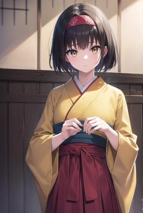 pokemonerika, <lora:pokemonerika-lora-nochekaiser:1>,
pokemonerika, (yellow eyes:1.5), black hair, headband, short hair,
BREAK japanese clothes, kimono, hakama, red hakama, long sleeves, wide sleeves,
BREAK looking at viewer, upper body, full body, (cowboy shot:1.5),
BREAK outdoors, shrine,
BREAK <lyco:GoodHands-beta2:1>, (masterpiece:1.2), best quality, high resolution, unity 8k wallpaper, (illustration:0.8), (beautiful detailed eyes:1.6), extremely detailed face, perfect lighting, extremely detailed CG, (perfect hands, perfect anatomy),