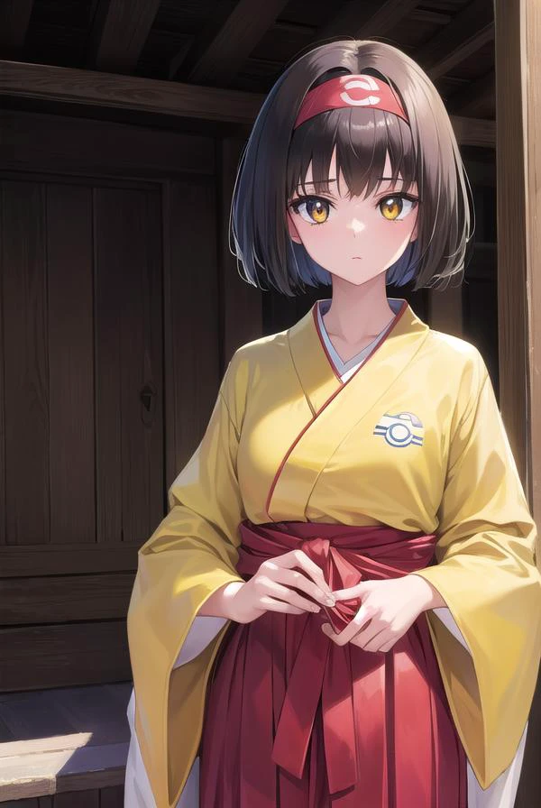 pokemonerika, <lora:pokemonerika-lora-nochekaiser:1>,
pokemonerika, (yellow eyes:1.5), black hair, headband, short hair,
BREAK japanese clothes, kimono, hakama, red hakama, long sleeves, wide sleeves,
BREAK looking at viewer, upper body, full body, (cowboy shot:1.5),
BREAK outdoors, shrine,
BREAK <lyco:GoodHands-beta2:1>, (masterpiece:1.2), best quality, high resolution, unity 8k wallpaper, (illustration:0.8), (beautiful detailed eyes:1.6), extremely detailed face, perfect lighting, extremely detailed CG, (perfect hands, perfect anatomy),