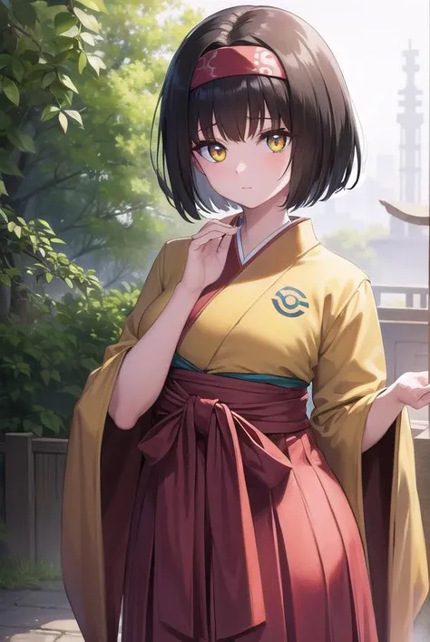 pokemonerika, <lora:pokemonerika-lora-nochekaiser:1>,
pokemonerika, (yellow eyes:1.5), black hair, headband, short hair,
BREAK japanese clothes, kimono, hakama, red hakama, long sleeves, wide sleeves,
BREAK looking at viewer, upper body, full body, (cowboy shot:1.5),
BREAK outdoors, shrine,
BREAK <lyco:GoodHands-beta2:1>, (masterpiece:1.2), best quality, high resolution, unity 8k wallpaper, (illustration:0.8), (beautiful detailed eyes:1.6), extremely detailed face, perfect lighting, extremely detailed CG, (perfect hands, perfect anatomy),