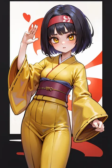 (masterpiece, best quality), 1girl,  <lora:pokemonerika-lora-nochekaiser:1> pokemonerika, (yellow eyes:1.5), black hair, headband, short hair, japanese clothes, kimono, hakama, red hakama, long sleeves, wide sleeves,