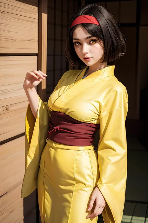 (masterpiece, best quality), 1girl, <lora:pokemonerika-lora-nochekaiser:1> pokemonerika, (yellow eyes:1.5), black hair, headband, short hair, japanese clothes, kimono, hakama, red hakama, long sleeves, wide sleeves,