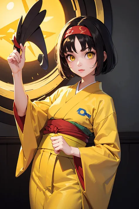 (masterpiece, best quality), 1girl, <lora:pokemonerika-lora-nochekaiser:1> pokemonerika, (yellow eyes:1.5), black hair, headband, short hair, japanese clothes, kimono, hakama, red hakama, long sleeves, wide sleeves,