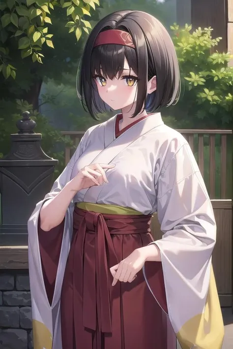 pokemonerika, <lora:pokemonerika-lora-nochekaiser:1>,
pokemonerika, (yellow eyes:1.5), black hair, headband, short hair,
BREAK japanese clothes, kimono, hakama, red hakama, long sleeves, wide sleeves,
BREAK looking at viewer, upper body, full body, (cowboy shot:1.5),
BREAK outdoors, shrine,
BREAK <lyco:GoodHands-beta2:1>, (masterpiece:1.2), best quality, high resolution, unity 8k wallpaper, (illustration:0.8), (beautiful detailed eyes:1.6), extremely detailed face, perfect lighting, extremely detailed CG, (perfect hands, perfect anatomy),