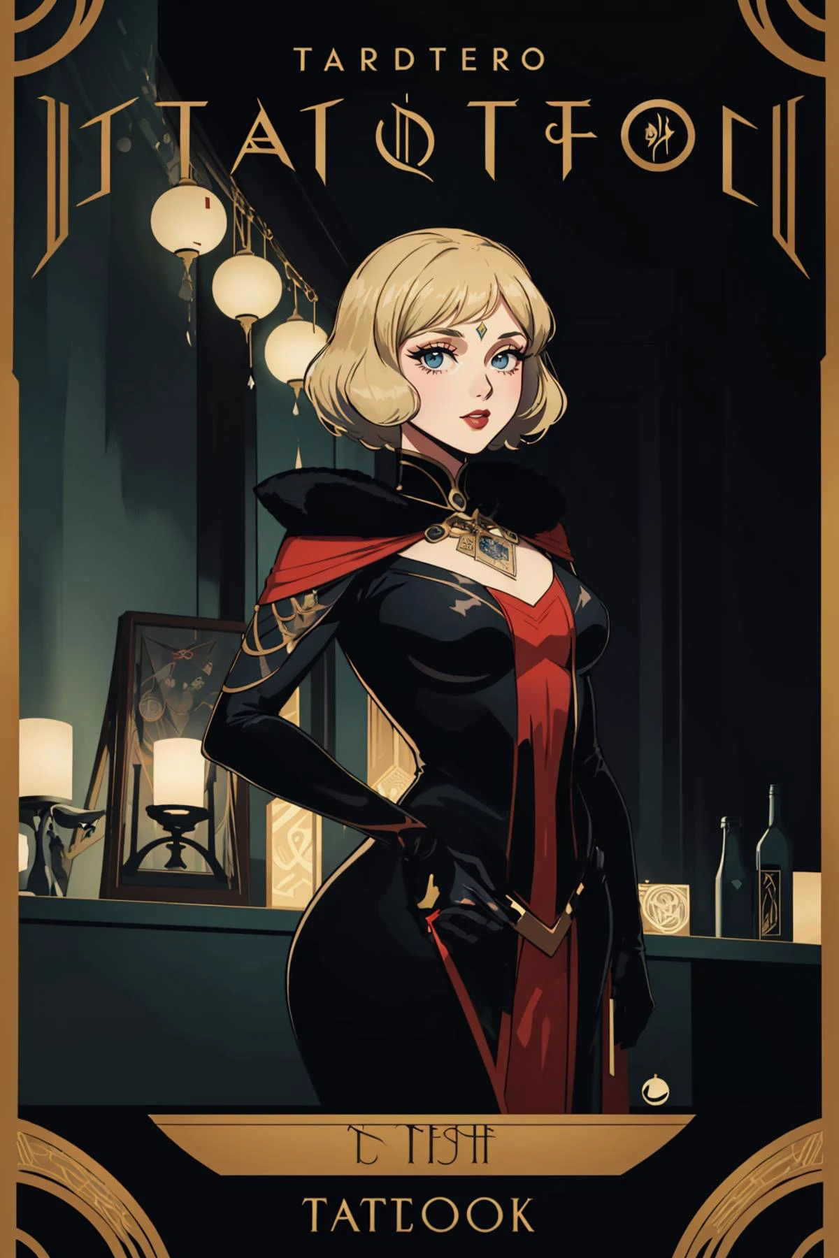 ((masterpiece)), (best quality), official art, (tarot:1.4), the empress \(tarot\),
BioshockARTDECO, poster, simplistic, art deco, vibrant color, negative space, simplistic,
illustration, noir, speakeasy singer, 1girl, beautiful gown, 1940s \(style\), stage, curtains, femme fatale, long blonde hair, cinematic lighting,
<lora:BioshockARTDECO:0.9>