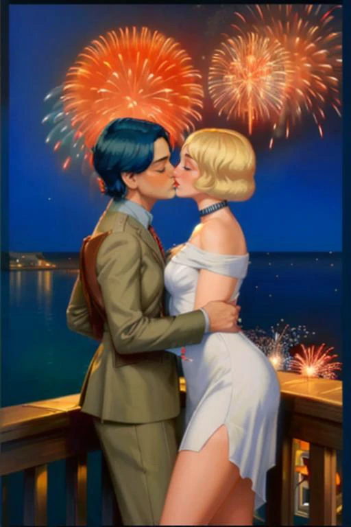 BioshockARTDECO, poster, 1930s \(style\), (8k, masterpiece, highest quality:1.2), (fireworks in the sky:1.4), couple kissing, <lora:BioshockARTDECO:0.8>, mtk2023 <lora:mtk2023:1>