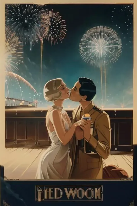 BioshockARTDECO, (poster:1.2), 1930s \(style\), (8k, masterpiece, highest quality:1.2), (fireworks in the sky:1.4), couple kissing, <lora:BioshockARTDECO:1>
