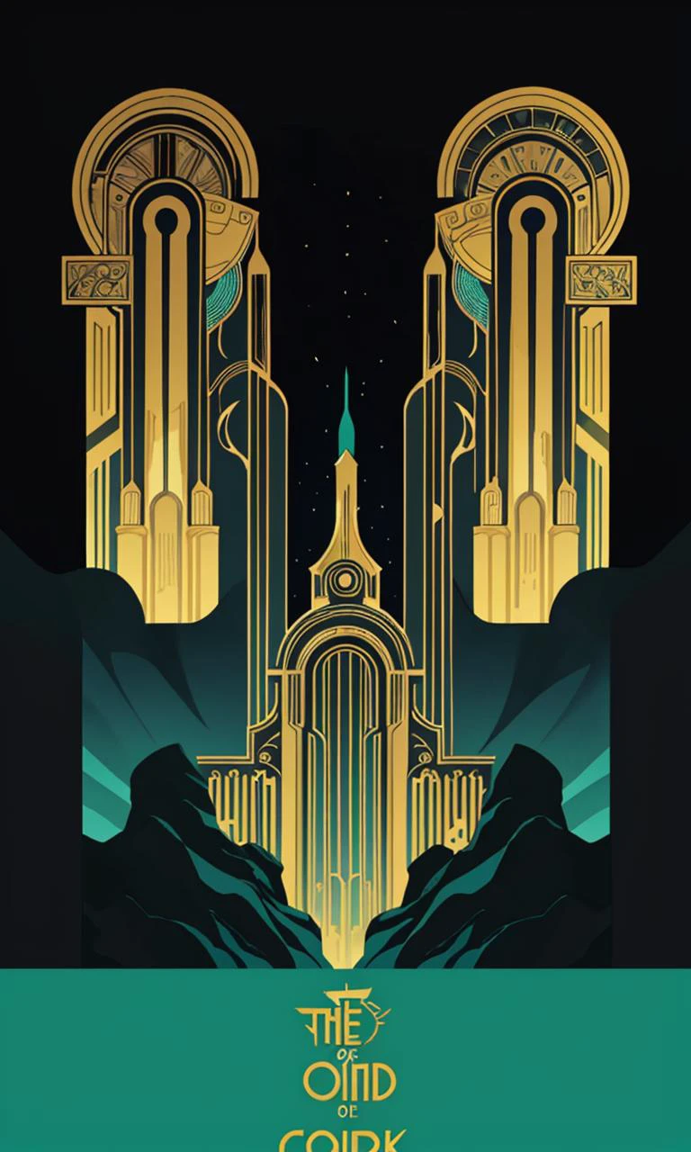 BioshockARTDECO, poster, simplistic, art deco, vibrant color, intricate, 8k, uhd, best quality, negative space, high quality illustration, underwater city, perspective, green, blue, gold, masterpiece, cinematic lighting