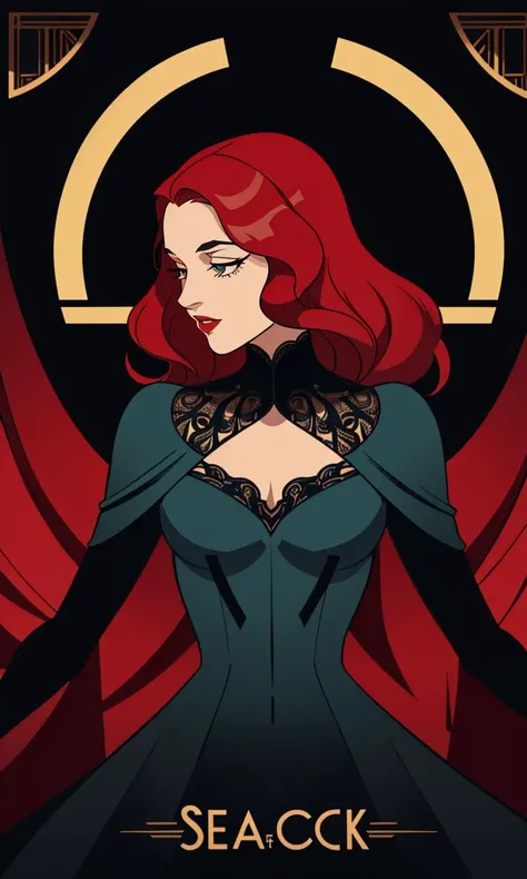 BioshockARTDECO, poster, simplistic, art deco, vibrant color, intricate, 8k, uhd, best quality, negative space, high quality illustration, noir, speakeasy singer, 1 girl, beautiful gown, 1940s \(style\), stage, curtains, femme fatale, long red hair,, cinematic lighting