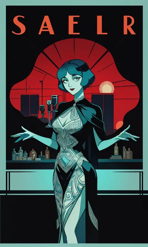 BioshockARTDECO, poster, simplistic, art deco, vibrant color, intricate, 8k, uhd, best quality, negative space, high quality illustration, noir, speakeasy singer, 1 girl, beautiful dress, 1930s \(style\), old microphone, stage, curtains,, cinematic lighting
