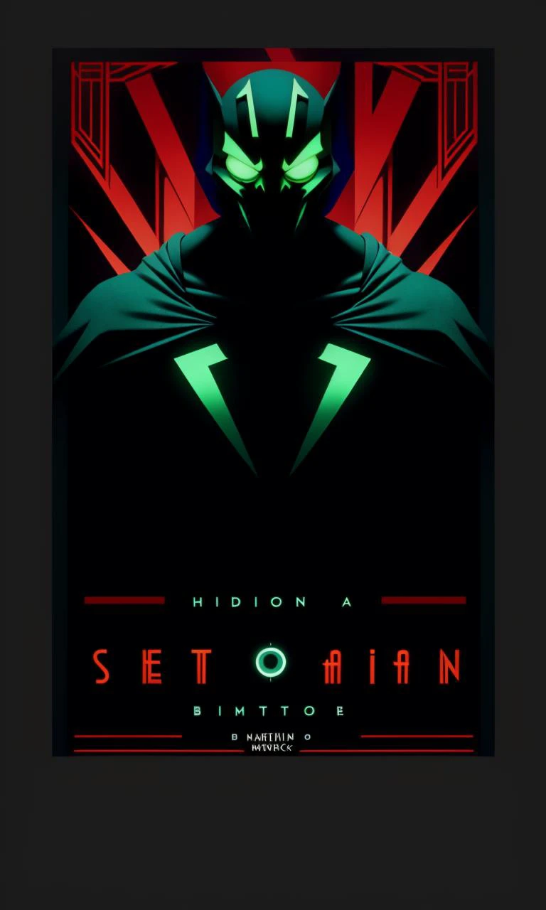 BioshockARTDECO, poster, simplistic, art deco, vibrant color, intricate, 8k, uhd, best quality, negative space, high quality illustration, spawn2023, red cape, spike armor, glowing green eyes,, cinematic lighting