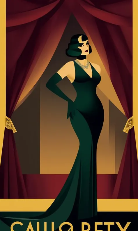 BioshockARTDECO, poster, simplistic, art deco, vibrant color, intricate, 8k, uhd, best quality, negative space, high quality illustration, noir, speakeasy singer, 1 girl, beautiful gown, 1940s \(style\), stage, curtains, femme fatale, long red hair, cinematic lighting