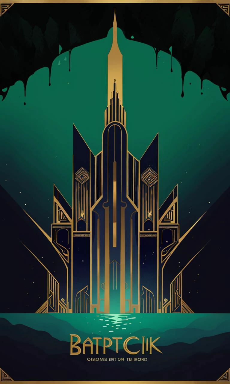 BioshockARTDECO, poster, simplistic, art deco, vibrant color, intricate, 8k, uhd, best quality, negative space, high quality illustration, underwater city, perspective, green, blue, gold, masterpiece, cinematic lighting