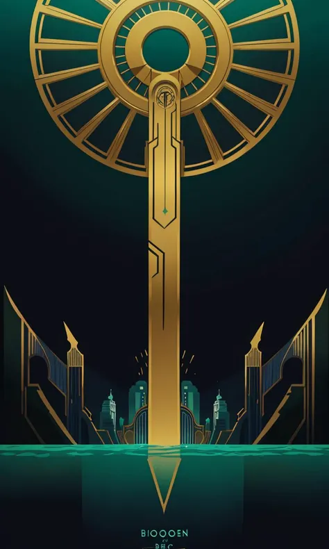 BioshockARTDECO, poster, simplistic, art deco, vibrant color, intricate, 8k, uhd, best quality, negative space, high quality illustration, underwater city, perspective, green, blue, gold, masterpiece, cinematic lighting