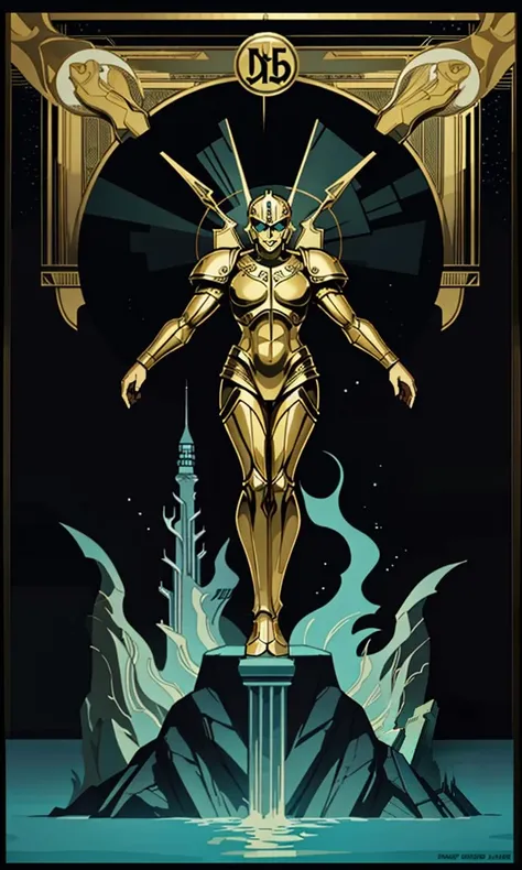 BioshockARTDECO, poster, 1930s \(style\), underwater city, simplistic, art deco, bioshock, rapture, gold statue, cinematic lighting