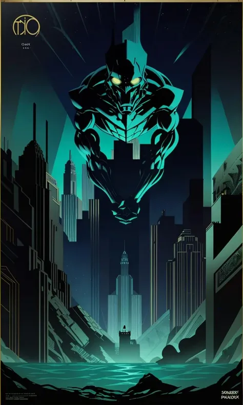 BioshockARTDECO, poster, 1930s \(style\), statue, underwater city, monster, simplistic, art deco, cinematic lighting