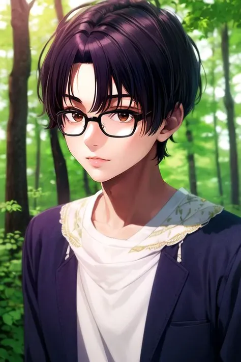(best quality:1.1), (masterpiece:1.4), wallpaper, , , , anime coloring, (realistic:1.4), 1boy, solo, male focus, <lora:akito_sendou:0.78>, akito_sendou, black hair, brown eyes, short hair, bangs, glasses, , , The Enchanted Forest,