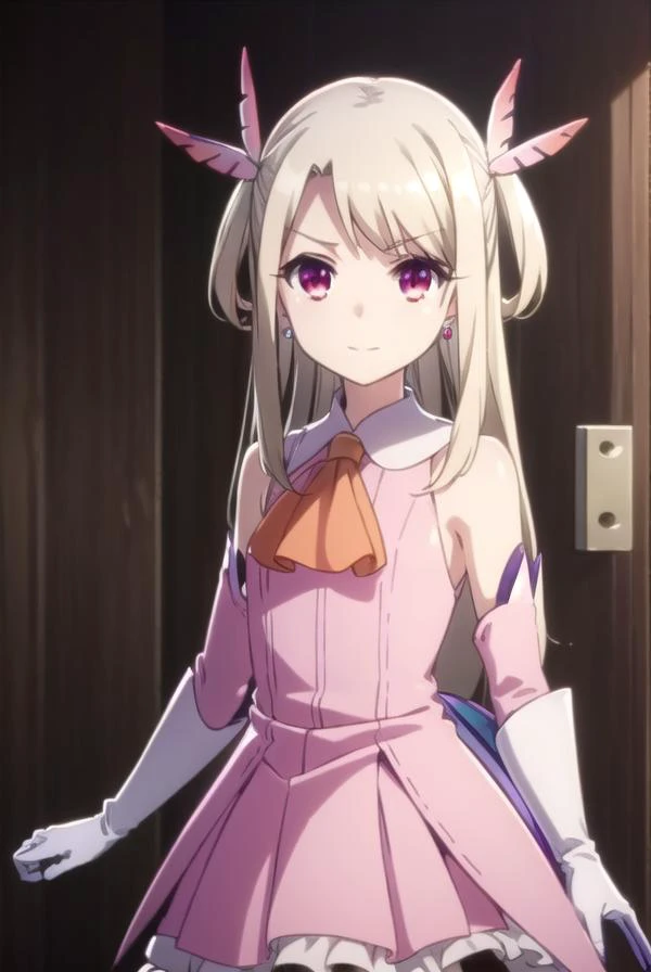 illyasvielvoneinzbern, <lora:illyasviel von einzbern s2s3-lora-nochekaiser:1>,
illyasviel von einzbern, long hair, blonde hair, (red eyes:1.3), (parted bangs:1.5), smile,
BREAK hair ornament, gloves, dress, jewelry, earrings, detached sleeves, ascot, magical girl, feathers, pink dress, feather hair ornament, prisma illya,
BREAK indoors,
BREAK looking at viewer, (cowboy shot:1.5), dynamic pose,
BREAK <lyco:GoodHands-beta2:1>, (masterpiece:1.2), best quality, high resolution, unity 8k wallpaper, (illustration:0.8), (beautiful detailed eyes:1.6), extremely detailed face, perfect lighting, extremely detailed CG, (perfect hands, perfect anatomy),