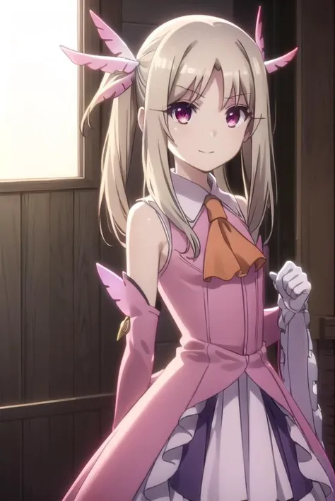 illyasvielvoneinzbern, <lora:illyasviel von einzbern s2s3-lora-nochekaiser:1>,
illyasviel von einzbern, long hair, blonde hair, (red eyes:1.3), (parted bangs:1.5), smile,
BREAK hair ornament, gloves, dress, jewelry, earrings, detached sleeves, ascot, magical girl, feathers, pink dress, feather hair ornament, prisma illya,
BREAK indoors,
BREAK looking at viewer, (cowboy shot:1.5), dynamic pose,
BREAK <lyco:GoodHands-beta2:1>, (masterpiece:1.2), best quality, high resolution, unity 8k wallpaper, (illustration:0.8), (beautiful detailed eyes:1.6), extremely detailed face, perfect lighting, extremely detailed CG, (perfect hands, perfect anatomy),