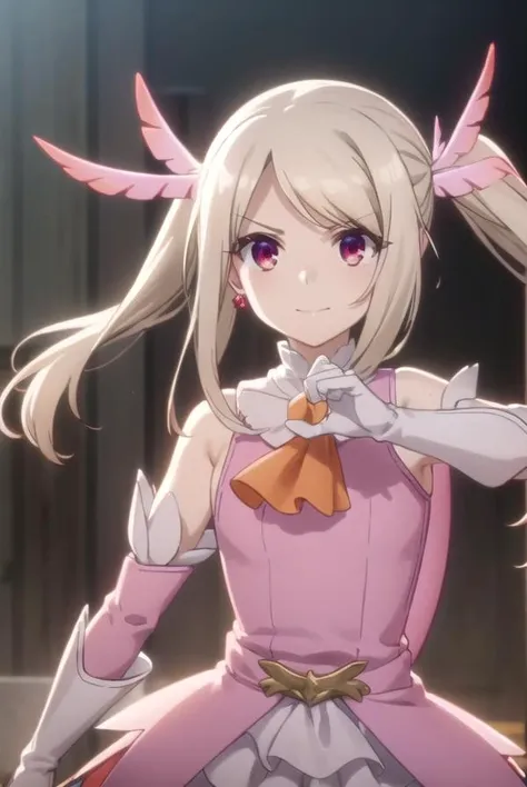 illyasvielvoneinzbern, <lora:illyasviel von einzbern s2s3-lora-nochekaiser:1>,
illyasviel von einzbern, long hair, blonde hair, (red eyes:1.3), (parted bangs:1.5), smile,
BREAK hair ornament, gloves, dress, jewelry, earrings, detached sleeves, ascot, magical girl, feathers, pink dress, feather hair ornament, prisma illya,
BREAK indoors,
BREAK looking at viewer, (cowboy shot:1.5), dynamic pose,
BREAK <lyco:GoodHands-beta2:1>, (masterpiece:1.2), best quality, high resolution, unity 8k wallpaper, (illustration:0.8), (beautiful detailed eyes:1.6), extremely detailed face, perfect lighting, extremely detailed CG, (perfect hands, perfect anatomy),