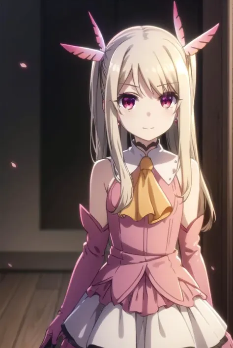 illyasvielvoneinzbern, <lora:illyasviel von einzbern s2s3-lora-nochekaiser:1>,
illyasviel von einzbern, long hair, blonde hair, (red eyes:1.3), (parted bangs:1.5), smile,
BREAK hair ornament, gloves, dress, jewelry, earrings, detached sleeves, ascot, magical girl, feathers, pink dress, feather hair ornament, prisma illya,
BREAK indoors,
BREAK looking at viewer, (cowboy shot:1.5), dynamic pose,
BREAK <lyco:GoodHands-beta2:1>, (masterpiece:1.2), best quality, high resolution, unity 8k wallpaper, (illustration:0.8), (beautiful detailed eyes:1.6), extremely detailed face, perfect lighting, extremely detailed CG, (perfect hands, perfect anatomy),